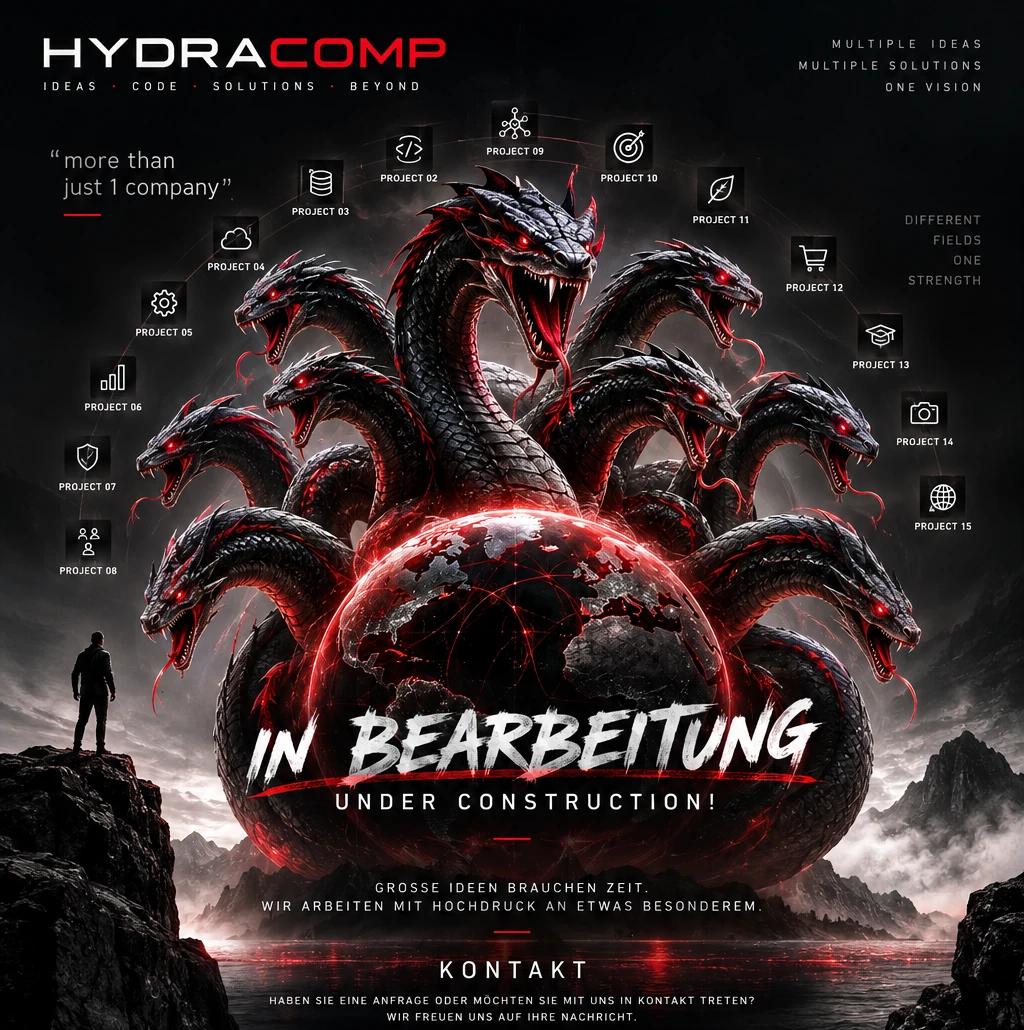 HYDRACOMP Hydra mit mehreren Köpfen, roten Lichtakzenten und 15 angedeuteten Projekten